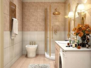 Nhà tắm hiện đại với vách ngăn vệ sinh bằng kính