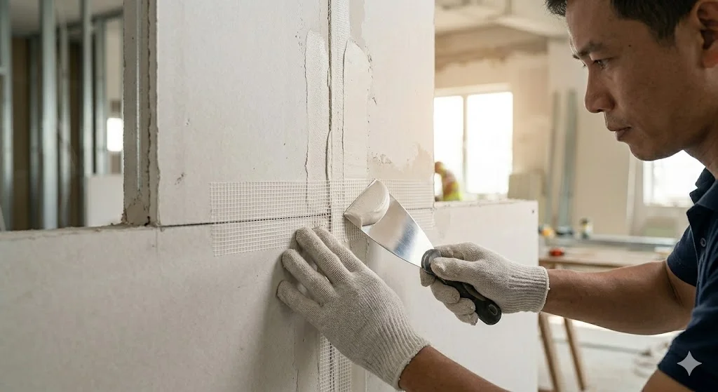 Quy trình xử lý mối nối chống nứt chuyên nghiệp trong báo giá vách ngăn tường thạch cao