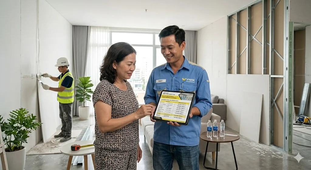 Kỹ thuật viên tư vấn chi tiết báo giá vách ngăn tường thạch cao trực tiếp tại công trình