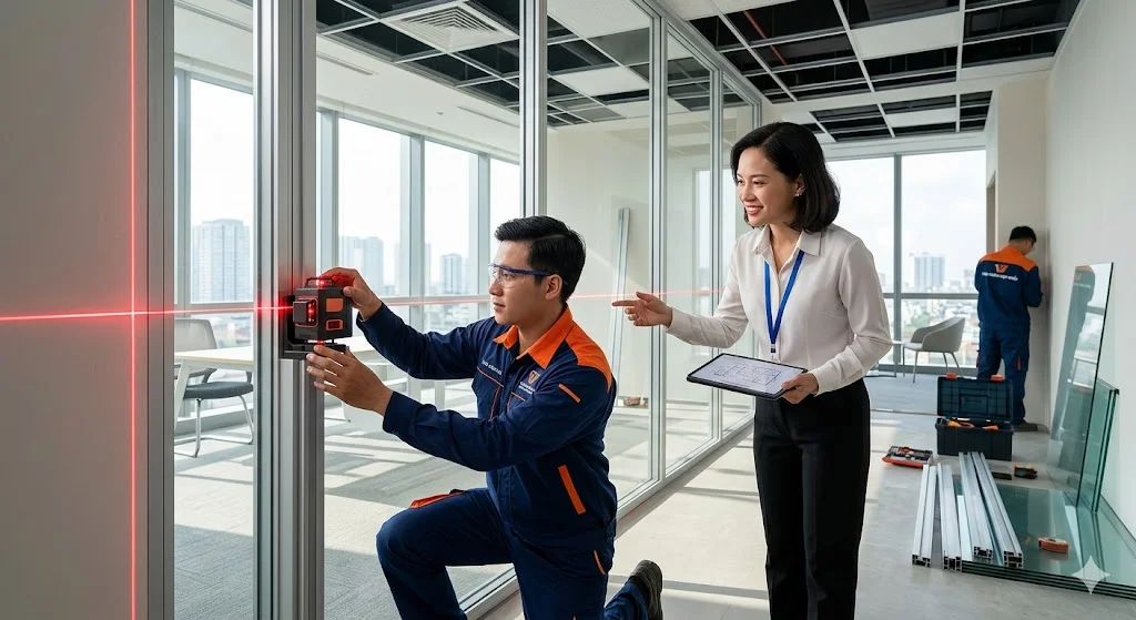 Kỹ thuật viên đang đo đạc và tư vấn thi công vách ngăn phòng họp cho khách hàng