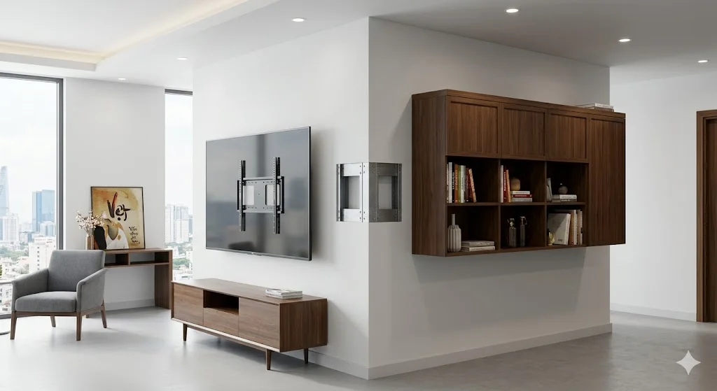 Vách ngăn thạch cao 2 mặt được gia cố chắc chắn để treo tivi và tủ bếp nặng