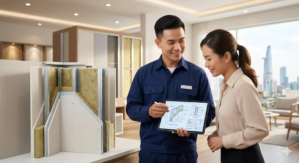 Kỹ thuật viên tư vấn giải pháp thi công vách ngăn thạch cao 2 mặt cho khách hàng