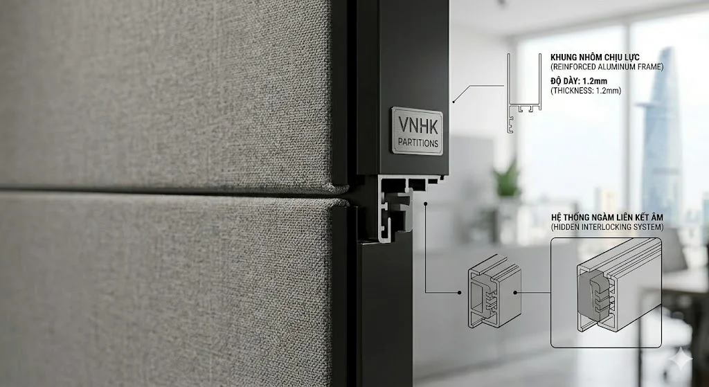 Chi tiết khung nhôm định hình và vải nỉ của vách ngăn văn phòng làm việc cao cấp